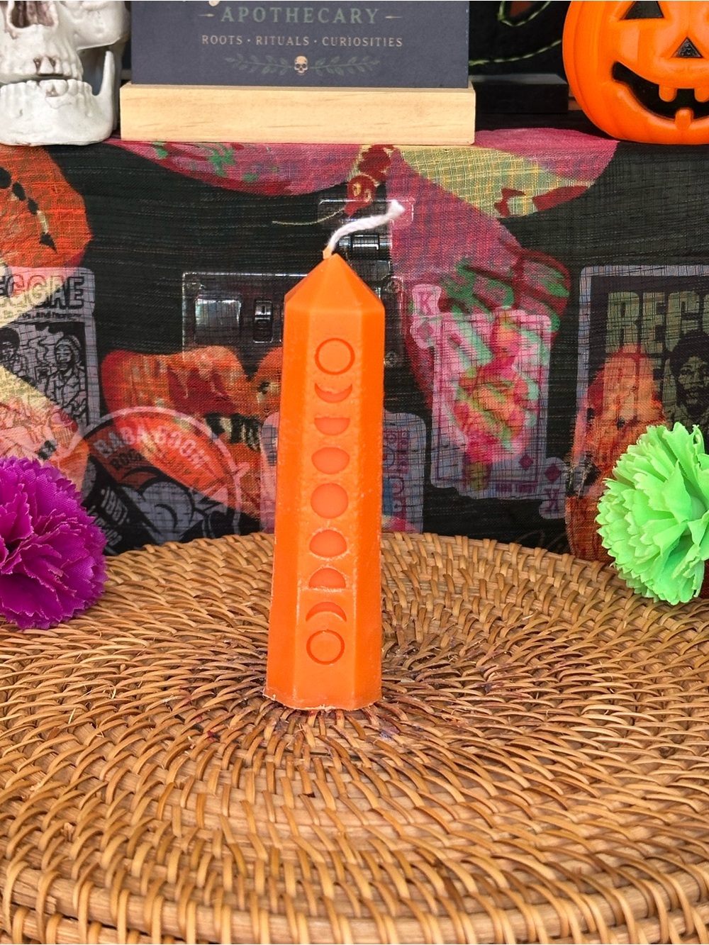 Handmade Orange Moon Phase Obelisk Candle – Celestial Pillar Candle